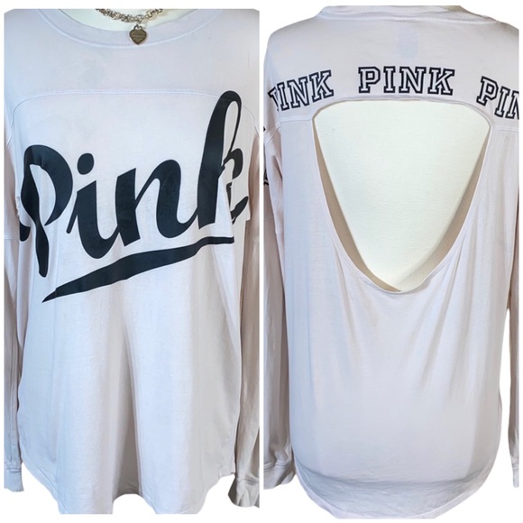 PINK Victoria's Secret Tops - Victoria’s Secret PINK Blush Mauve Open Back Long Sleeve Script Logo Tee